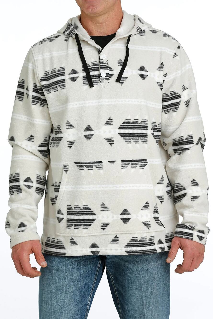 Cinch Mens Aztec Print White 1/4 Button Hooded Fleece Sweater Western